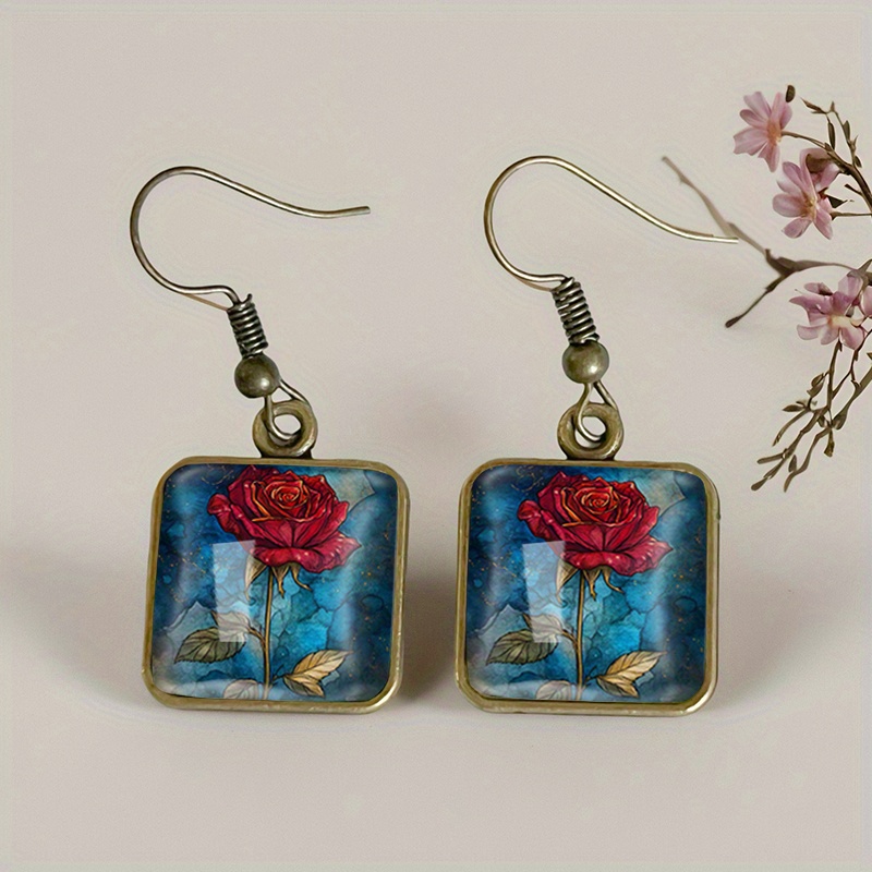 Women's Handmade Red Rose Square Dangle Earrings, Spiritual Gift